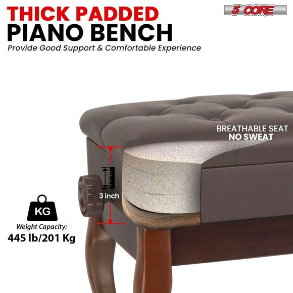 Piano Bench Wooden Height Adjustable Stool Heavy Duty Keyboard Seat with Storage - Picture 6 of 7